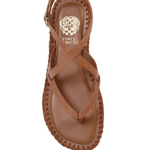 NEW VINCE CAMUTO Made In Brazil Leather Barey Flat Sandals Cognac 362mn - Picture 7 of 8